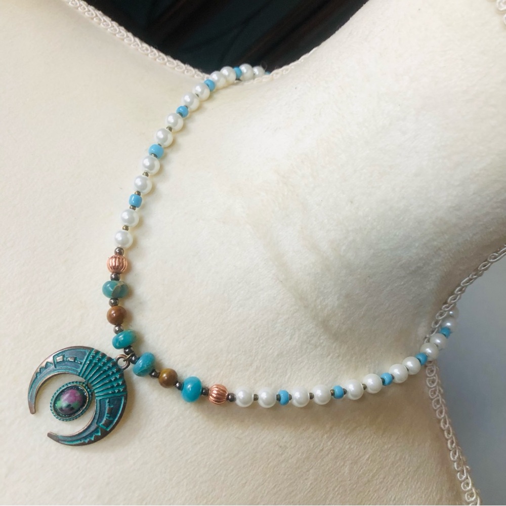 Handcrafted repurpose ancient look genuine stone Czech glass Pearl necklace